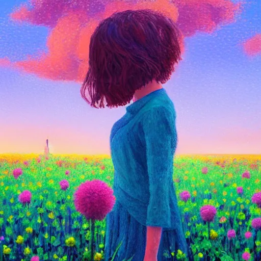 Image similar to girl with head made of flower, standing in a flower field, big trees, sunrise dramatic light, impressionist painting, colorful clouds, digital painting, pointillism, artstation, simon stalenhag