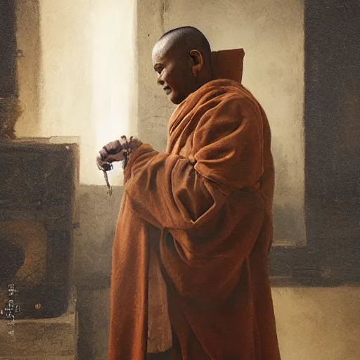 Image similar to attractive hyena wearing a monk robes holding invense burner. natural lighting by ruan jia, portrait