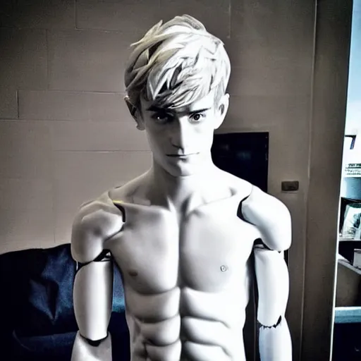 Image similar to “a realistic detailed photo of a guy who is an attractive humanoid who is half robot and half humanoid, who is a male android, twitch streamer Ninja Tyler Blevins, shiny skin, posing like a statue, blank stare, displayed”