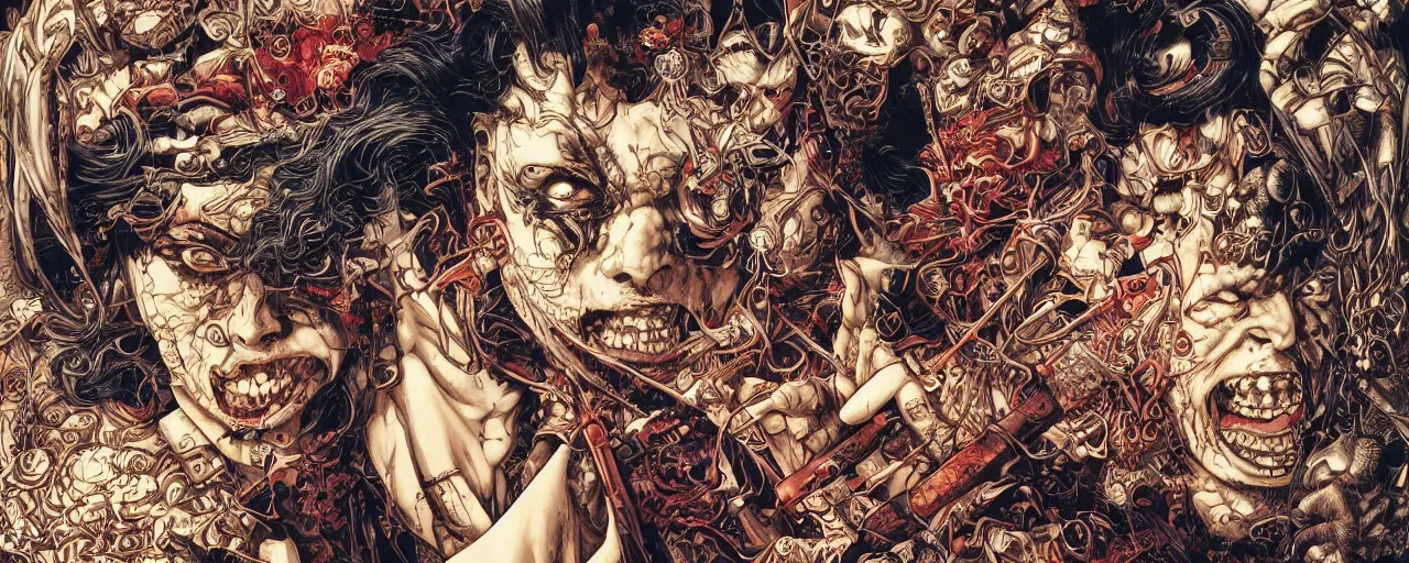 Image similar to portrait of crazy pirate, symmetrical, by yoichi hatakenaka, masamune shirow, josan gonzales and dan mumford, ayami kojima, takato yamamoto, barclay shaw, karol bak, yukito kishiro