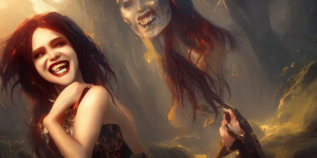 Prompt: a vampire girl smiling mysteriously, golden hour, fantasy, sharp focus, digital art, hyper realistic, 4 k, unreal engine, highly detailed, hd, dramatic lighting by brom, trending on artstation