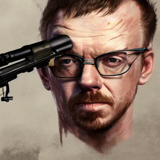 Image similar to simon pegg portrait, horror core, apocalyptic, winchester rifle, sharp focus, fiction, hyper detailed, digital art, trending in artstation, cinematic lighting, studio quality, smooth render, unreal engine 5 rendered, octane rendered, art style and nixeu and wlop and krenz cushart