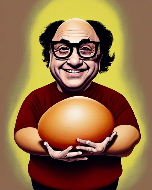 Prompt: painting portrait of danny devito as an egg, cartoon, warm lighting, danny devito has an egg body, movie poster, illustration by bartek fedyczak, erak note, tooth wu, neil richards, kan liu, siwoo kim, jisu choe, trending on art station