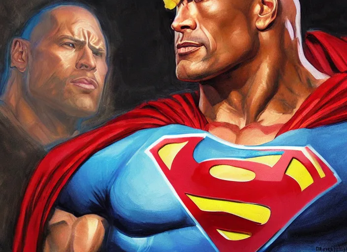 Prompt: a highly detailed beautiful portrait of dwayne johnson as superman, by gregory manchess, james gurney, james jean