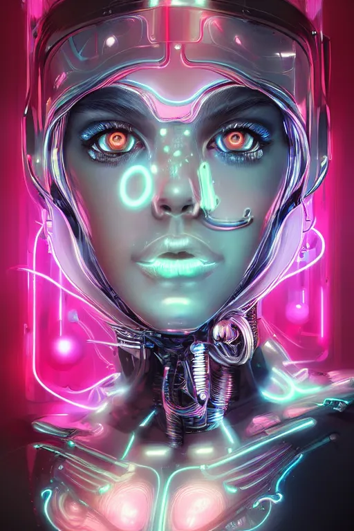 Image similar to portrait of a trippy cyborg girl with biotechnical parts and neon light by Artgerm and Gustave Doré , digital painting, highly detailed, trending on artstation