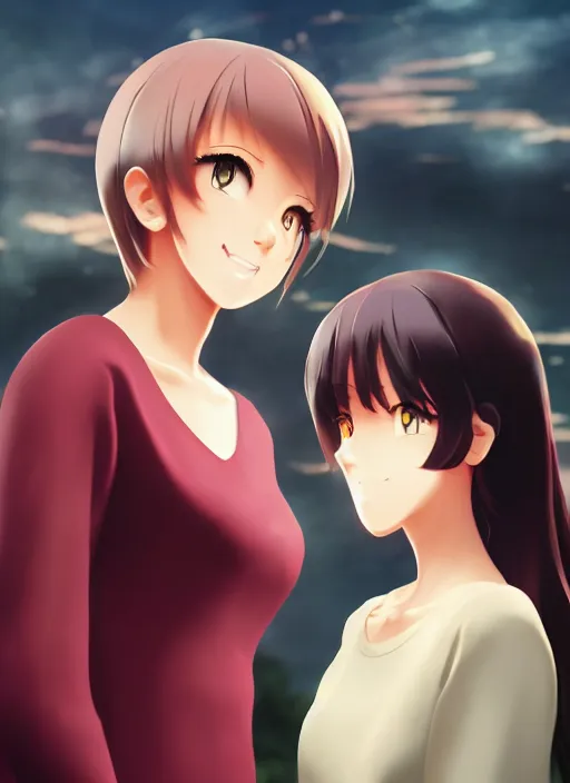 Prompt: two beautiful mothers standing face to face taunting each other, gorgeous faces, smooth, cinematic lighting, detailed anime art