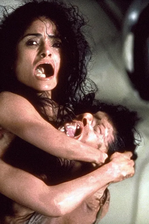 Image similar to film still of salma hayek in the movie Alien, xenomorph swallowing her, scary, cinematic shot, 4k.