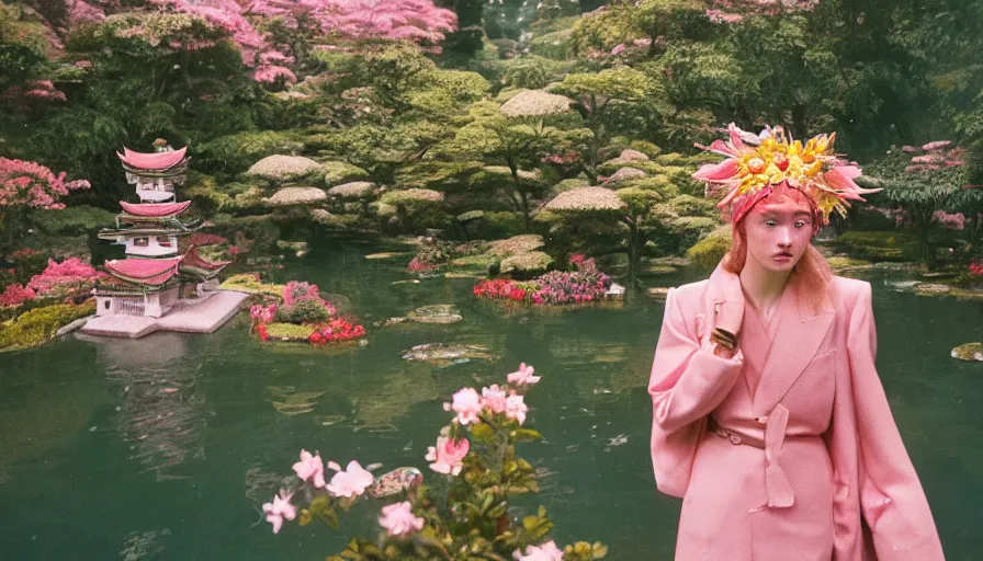 Image similar to , movie still by wes anderson of a beautiful girl wearing gucci exploring a magical japanese garden with flowers, glowing temple in the distance, floating big magical deity heads with gucci headdresses, miniature eco - cities, dreamy - vibes, aesthetic feel, cinestill 8 0 0 t, high quality, very detailed, heavy grain, fine facial features, 8 k