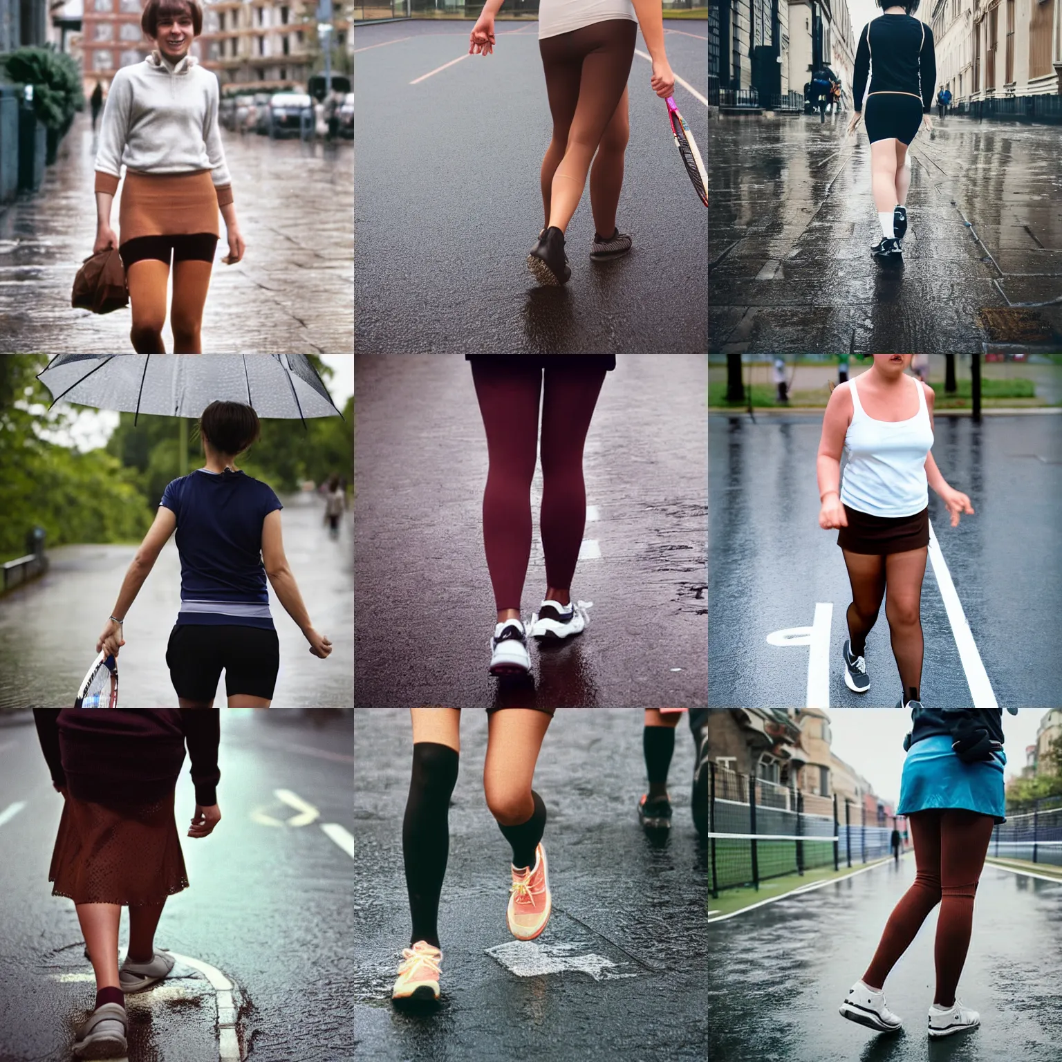 Prompt: A woman walking, tennis wear, neck, brown short hair, tights; on the street, rainy; 90's photograph, close up, view from front,