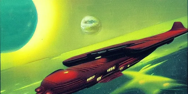 Prompt: ”retrofuturistic red spaceship flying low over the atmosphere of a green jungle planet down below with a yellow sun in the background, art by vincent di fate”