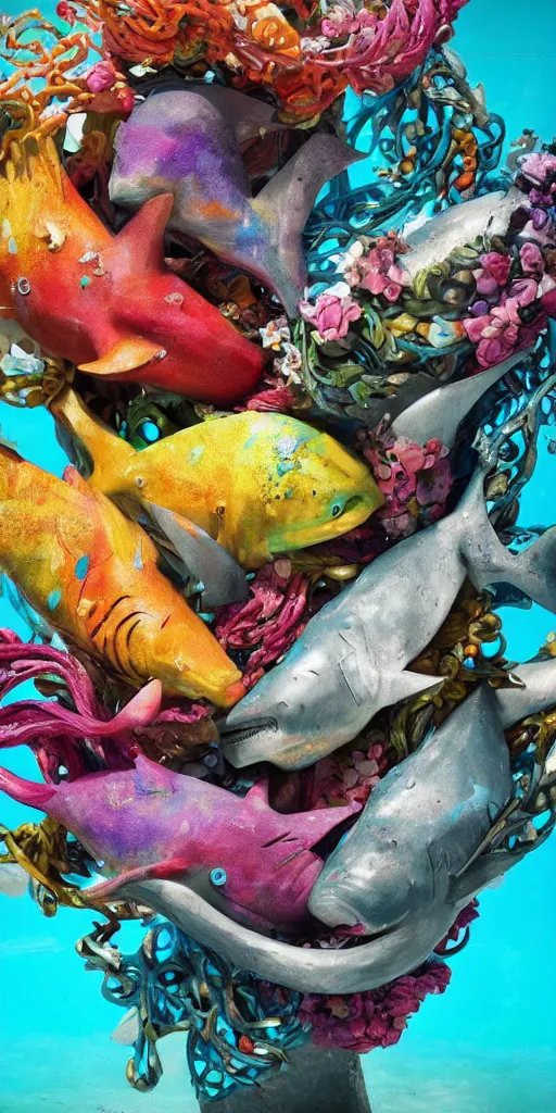 Image similar to closeup photograph of a surrealist sculpture fish intertwined, a lovely cornucopia of flowers and shark, ocean, paint pour, swirling paint, muted color palette, skin tones, highly detailed, octane render, cinematic, super resolution