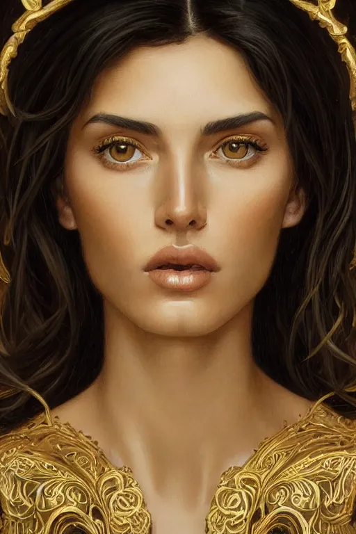 Prompt: Portrait of a Italian Supermodel, olive skin, long dark hair, beautiful bone structure, intricate, elegant, realistic face, highly detailed, digital painting, artstation, concept art, smooth, sharp focus, illustration, art by artgerm and greg rutkowski and alphonse mucha, embossed in gold leaf on black paper