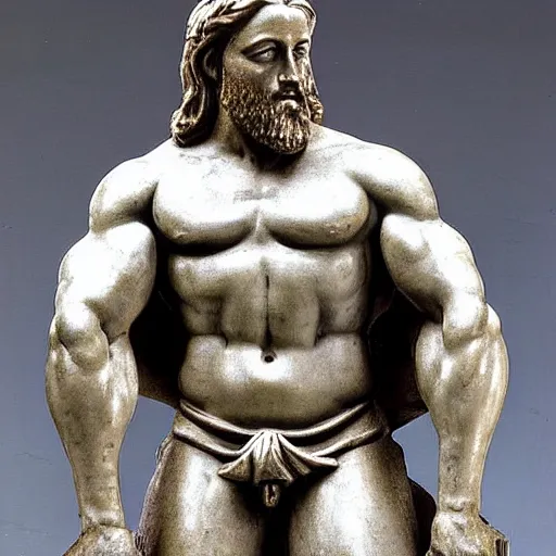 Image similar to jesus christ benchpressing large weights, roman sculpture