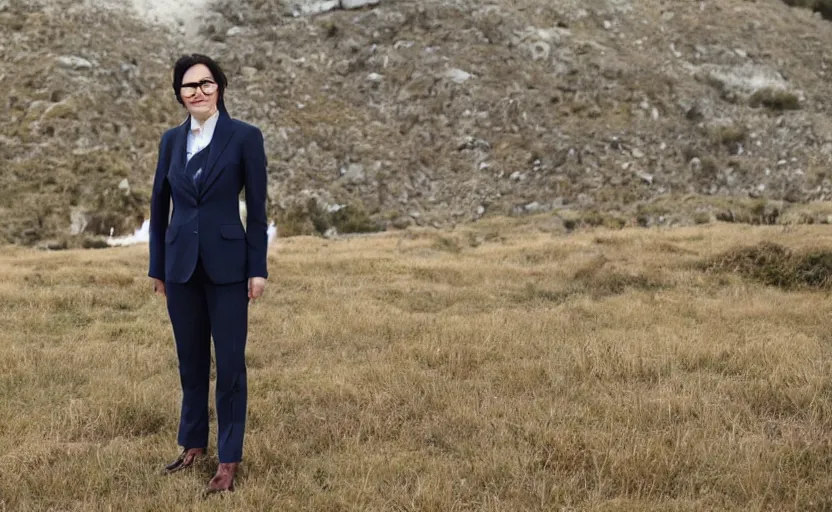 Prompt: a wide shot of a lady with a wool suit, wearing an omega speedmaster on her wrist