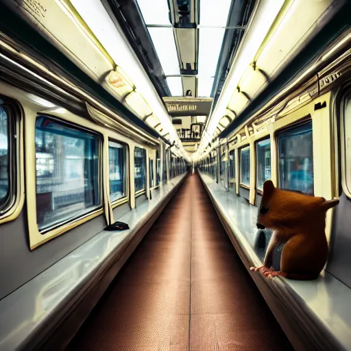 Image similar to photo of a train interior, a brown hamster is sitting on a seat in a train, various poses, unedited, soft light, sharp focus, 8 k