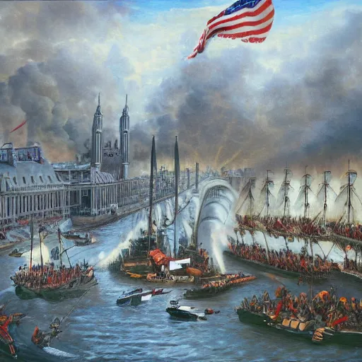 Image similar to United States invasion of London, oil painting, highly detailed