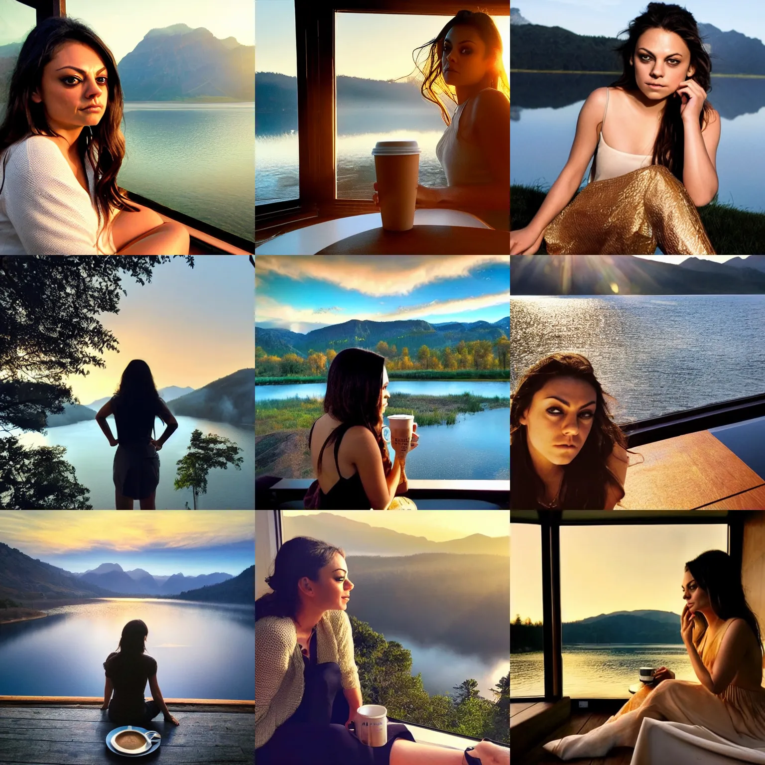 Prompt: dreamy mila kunis, golden hour, steaming coffee, mystical lake view vista