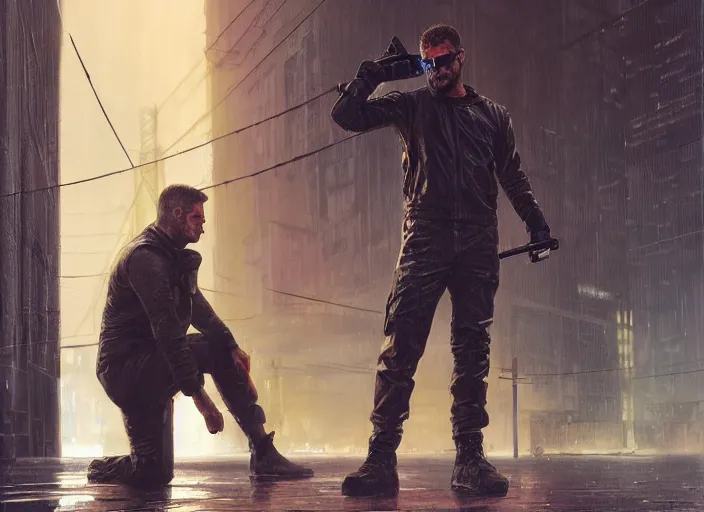 Image similar to sam fisher knocking out guard ( blade runner 2 0 4 9, dystopian, cyberpunk 2 0 7 7 character design ). portrait by james gurney and laurie greasley, oil on canvas. cinematic, hyper realism, realistic proportions, anatomy, dramatic lighting, high detail 4 k