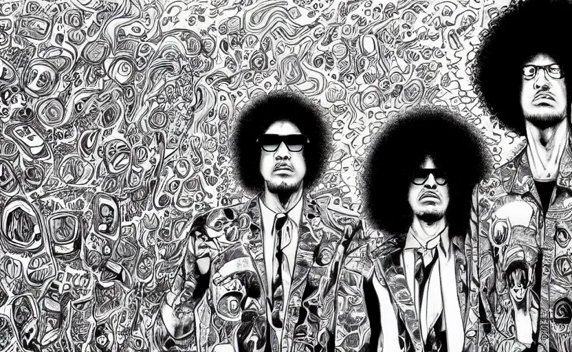 Image similar to the mars volta in a hyper surealism style, ultra detailed, in subtle colors, manga style.