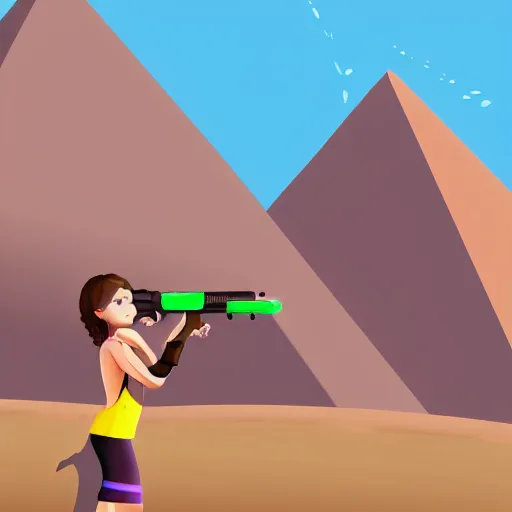 Image similar to Desert pyramid background, very cute modern short haired girl with water gun, game art