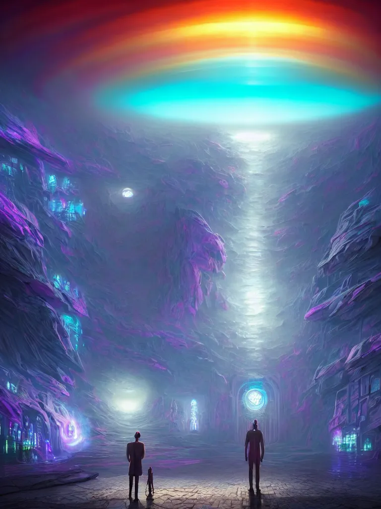 Image similar to entrance to ethereal realm, god waiting, rendered in unreal engine, central composition, symmetrical composition, dreamy colorful cyberpunk colors, 6 point perspective, fantasy landscape with anthropomorphic!!! terrain!!! in the styles of igor morski, jim warren, and rob gonsalves, intricate, hyperrealistic, volumetric lighting, big sky, distinct horizon