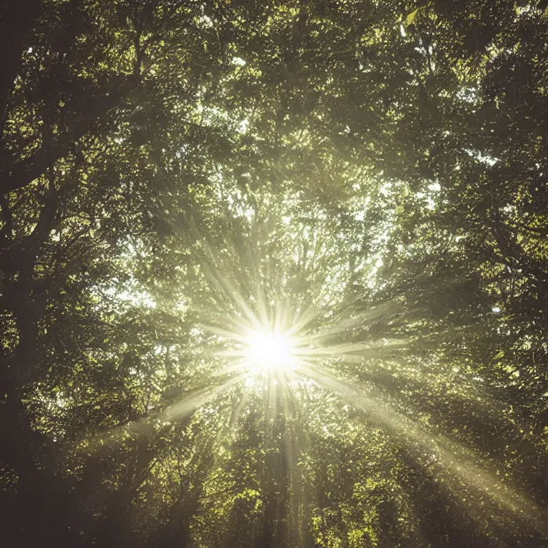 Image similar to atmospheric Polaroid photo of tree leaves, sun shining through, light rays