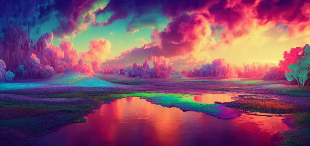 Image similar to surrealistic render of a candy landscape, sugar dust, colourful liquid river, iridescent cloudy skies, waves, reflections, refractions, caustics, dappled light, cinematic lighting, ultra detailed, sharp, ambient occlusion, raytracing, 3 d artstation render by greg rutowski, finnian macmanus and jessica rossier