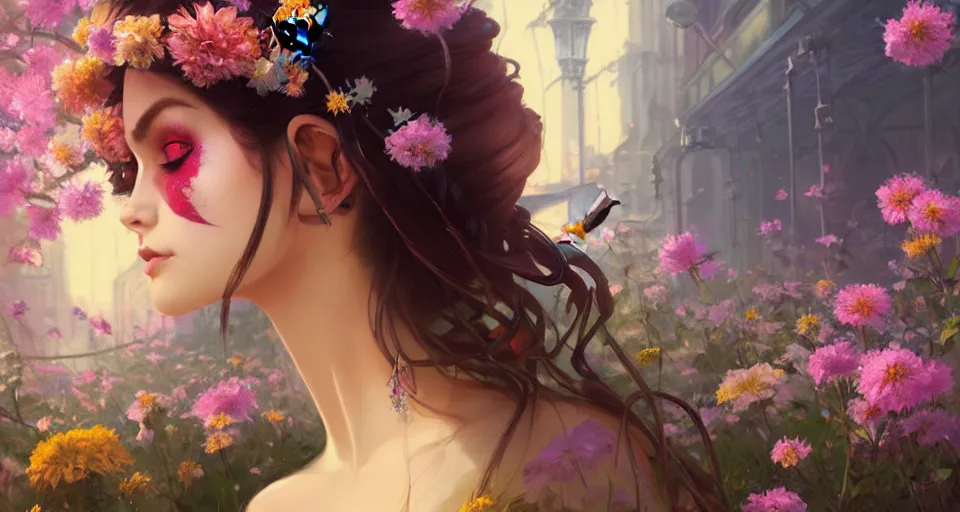 Image similar to a girl with makeup, cosmetics, face paint, clothed in flowers behind a steampunk city, night setting. realistic shaded lighting poster by ilya kuvshinov katsuhiro, magali villeneuve, artgerm, jeremy lipkin and michael garmash, rob rey and kentaro miura style, trending on art station