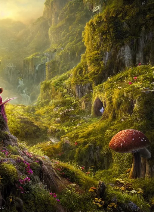 Image similar to an elegant fairy with wings of lace looking out at a lord of the rings scenery landscape, vast lush valley flowers and mushroom structures, stream, sunrise, god's rays highly detailed, vivid color, cinematic lighting, perfect composition, 8 k, gustave dore, derek zabrocki, greg rutkowski, belsinski, octane render