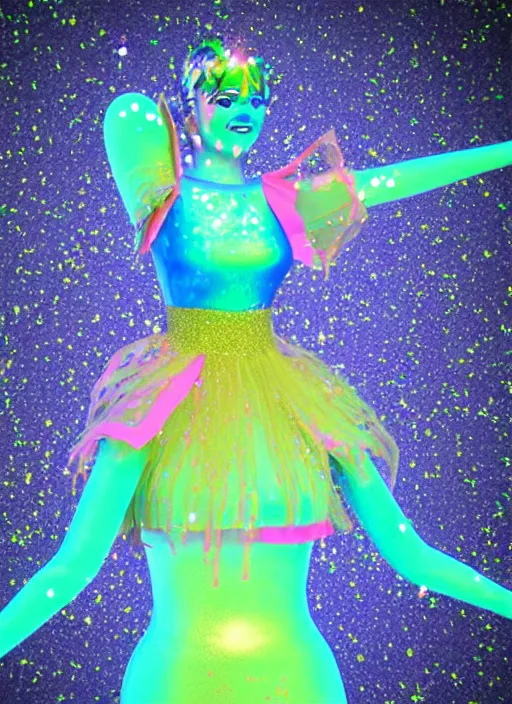 Prompt: 3 d render of a jester angel covered in glitter glue in a holographic leotard