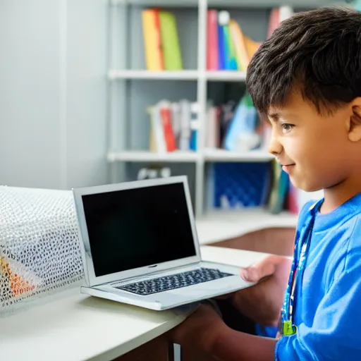 Prompt: a kid using a talking computer