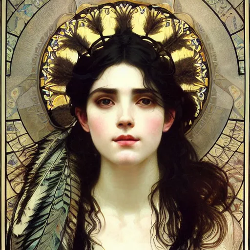 Image similar to highly detailed portrait of a beautiful cute girl with feathers, endless black hair, with pale skin, fibonacci, fragile, sitted on an intricate stone throne by alphonse mucha, nicola samuri, dino valls, m. w. kaluta, rule of thirds, seductive look, 4 k resolution