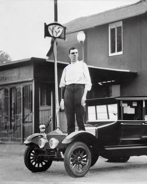 Image similar to 1 9 2 0 s photo of a person standing next to a tesla car