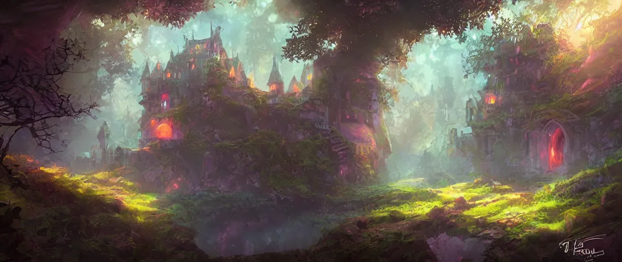 Image similar to magical castle in the forest behind a garden, concept art, digital painting, style of jordan grimmer, warm lighting, futuristic, volumetric lighting, view from below, vivid colours, bright, daytime, godrays, high detail