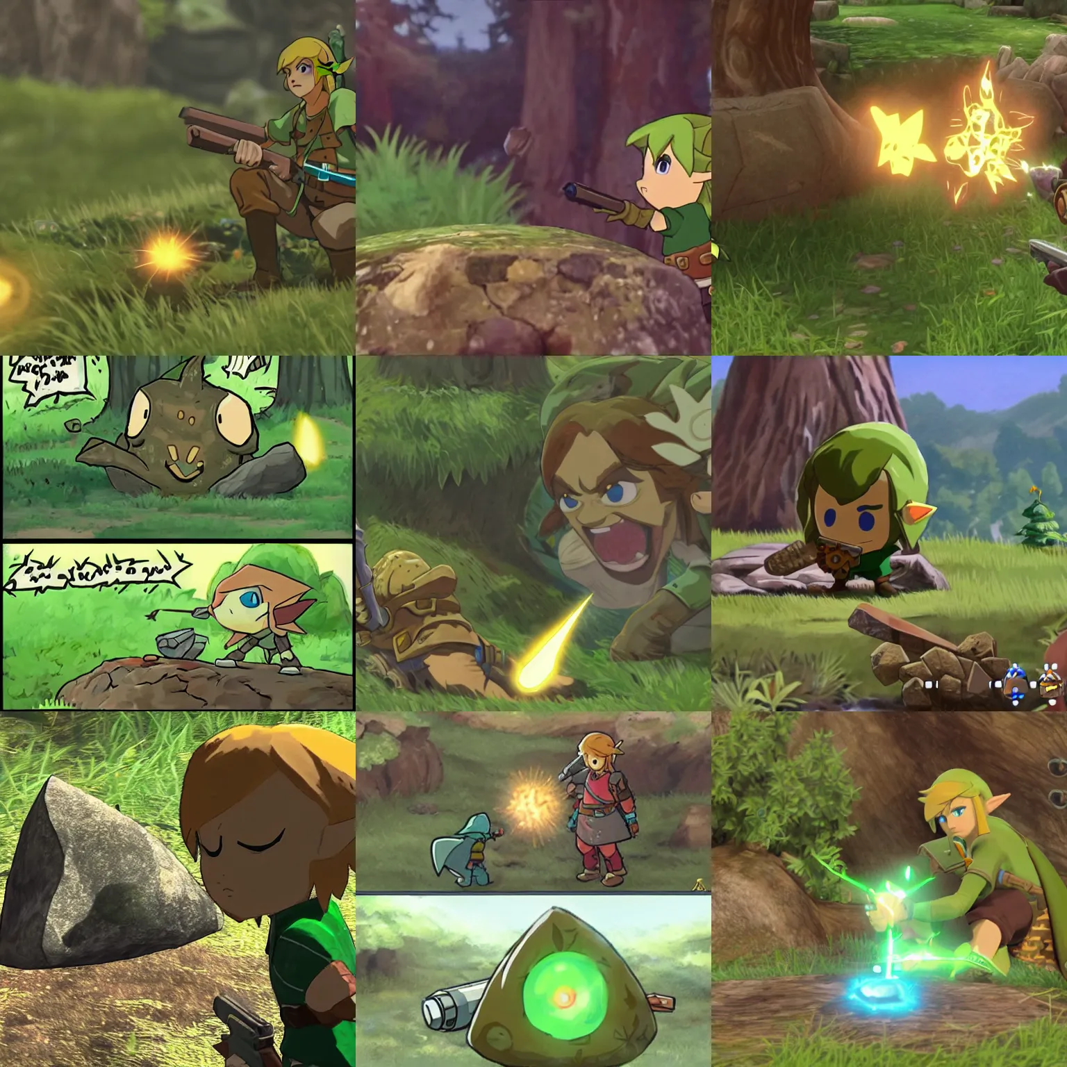 Prompt: Link finds a Korok under a rock but its pointing a gun at him