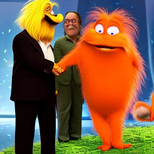 Prompt: Danny DeVito shaking hands with the Lorax