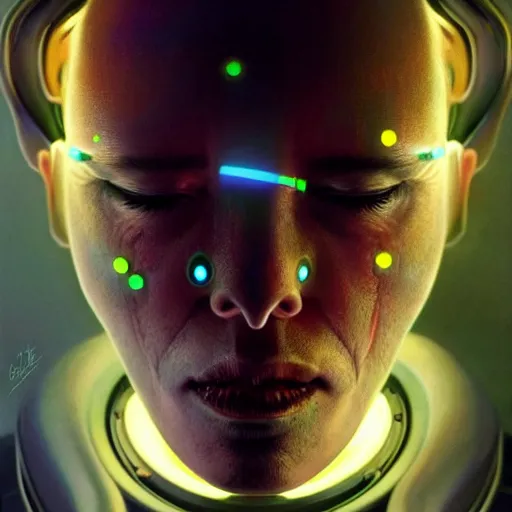 Image similar to a hyper - realistic character concept art portrait of a robotic being with multiple body parts that emit colored lights, depth of field background, artstation, award - winning realistic sci - fi concept art by jim burns and greg rutkowski, beksinski, a realism masterpiece, james gilleard, bruegel, alphonse mucha, and yoshitaka amano.