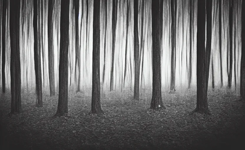 Prompt: glitched forest, sunset, lomography effect, scrathes, 60s photo, unfocus, monochrome, noise effects filter