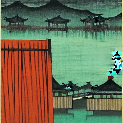 Prompt: a chinese prison near a river by peter doig and ukiyo - e, muted colors