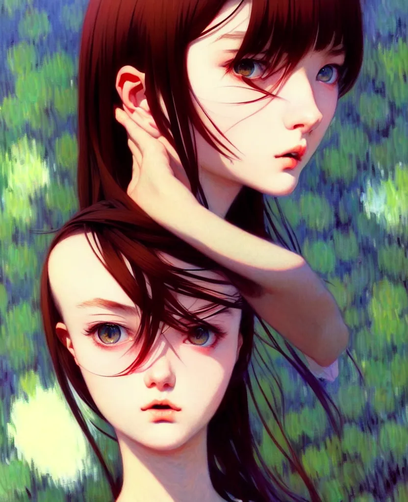 Image similar to a beautiful youth teenage depressed ocd psychotic popular girl in school struggling with morbid thoughts realized, angry eyes, soft skin, magnificent art by ilya kuvshinov, claude monet, range murata, artgerm, norman rockwell, highly detailed intricately sharp focus, bedroom eyes trending on pinterest, tiktok 4 k uhd image