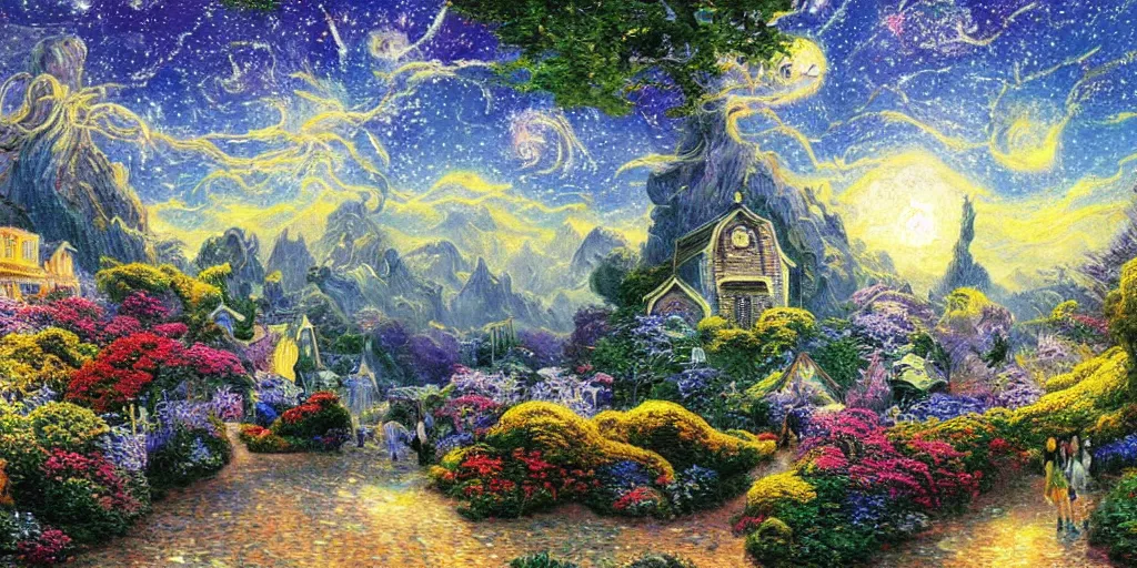 Prompt: a beautiful alien landscape with incredible flora, high realistic high detailed painting by Thomas Kinkade and Van Gogh