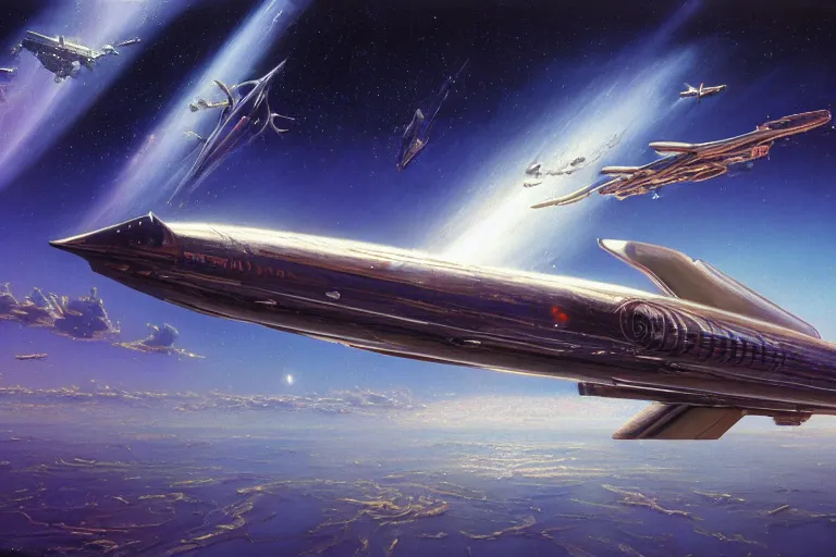 Prompt: shiny aluminum rocket ship in cosmic space by tim hildebrandt, wayne barlowe, bruce pennington, donato giancola, larry elmore, v wing, b - 2 bomber, jet engines, concorde, world war 2, masterpiece, trending on artstation, cinematic composition, beautiful lighting, sharp, details, hd, 8 k