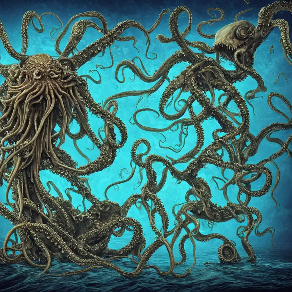 Image similar to close-up macro portrait of a Cthulhu versus the kraken and other fantastical sea creatures, epic angle and pose, ribcage bones, tenticles, symmetrical artwork, 3d with depth of field, blurred background, cybernetic jellyfish female face skull phoenix bird, translucent, nautilus, energy flows of water, bubbles, a highly detailed epic cinematic battle concept art CG render. made in Maya, Blender and Photoshop, octane render, excellent composition, cinematic dystopian brutalist atmosphere, dynamic dramatic cinematic lighting, aesthetic, very inspirational, arthouse. Greg Rutkowski, Ilya Kuvshinov, WLOP, Stanley Artgerm Lau, Ruan Jia and Fenghua Zhong