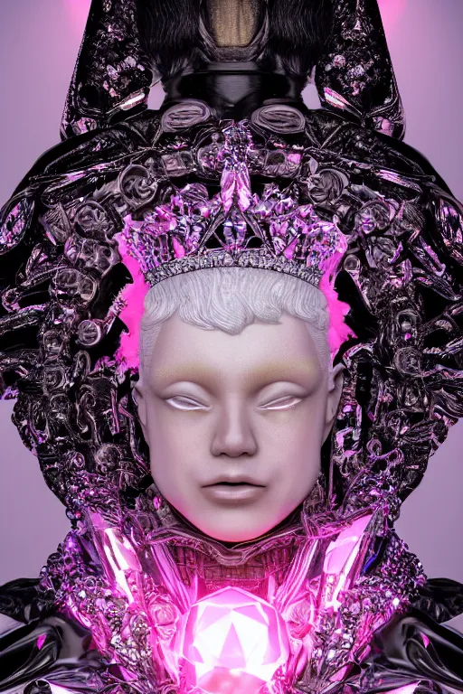 Prompt: hyper detailed ultra sharp portrait of baroque and bladerunner delicate glowing diamond sculpture of seductive muscular albino young spanish rock and roll king, pink diamond black metallic sphinx iridescent humanoid deity wearing black cloak holding a prismatic gem, glowing pink face, crown of white diamonds, cinematic lighting, photorealistic, octane render 8 k depth of field 3 d