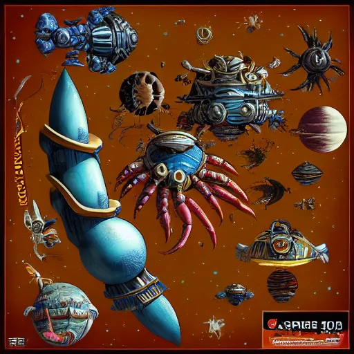 Image similar to ornate space ship orbiting a gas planet, 4 0 k warhammer, shrimp, prawn, lobster, crab