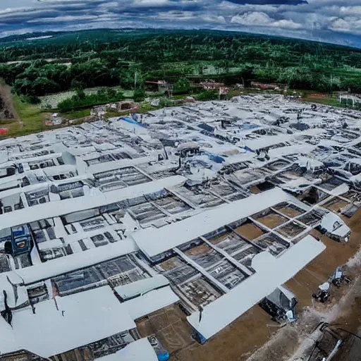Prompt: shot from a drone, a drone factory making drones to battle drones in drone world