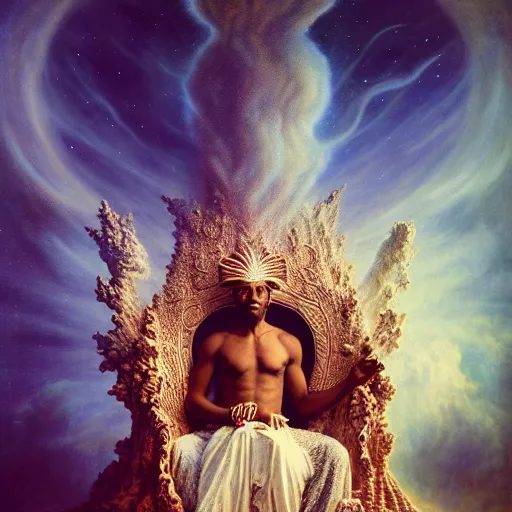 Image similar to obatala the cosmic god sitting on a throne of nebula clouds, by Agostino Arrivabene and amanda sage, matte painting, orisha, surreal portrait, 8k, hd