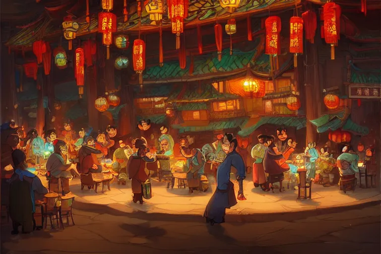 Prompt: fantasy art of a bustling tavern in china, at night, by cory loftis, highly detailed digital art, trending on artstation