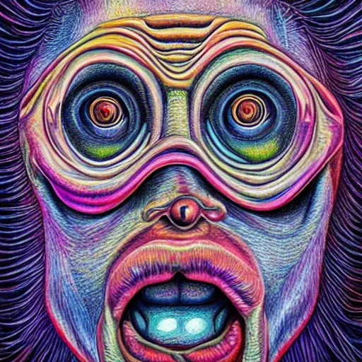 Image similar to minion in the style of tool, alex grey. detailed