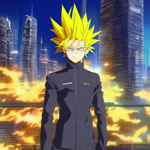 Image similar to 1 7 - year - old orange - gold haired anime boy wearing blue jacket, spiky hair, super saiyan aura, floating above roof, futuristic city in background, 2 0 0 1 anime, subsurface scattering, intricate details, art by toei, art by studio gainax, studio trigger art